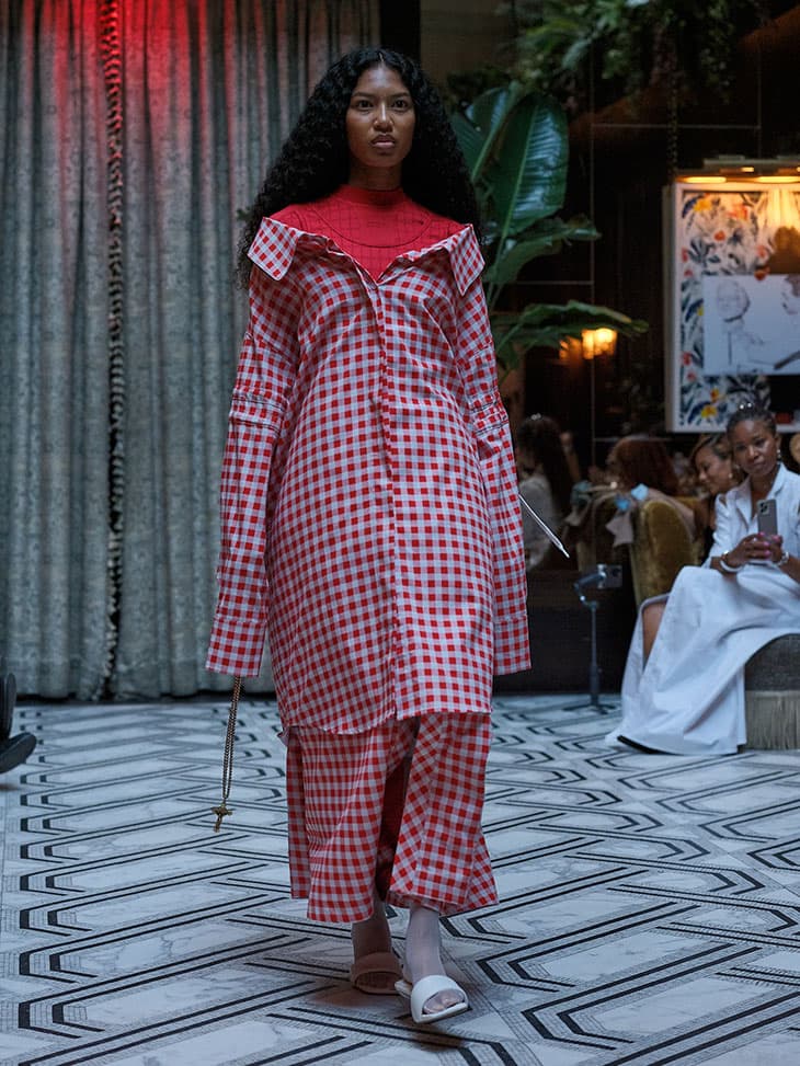 Red and white gingham check outfit