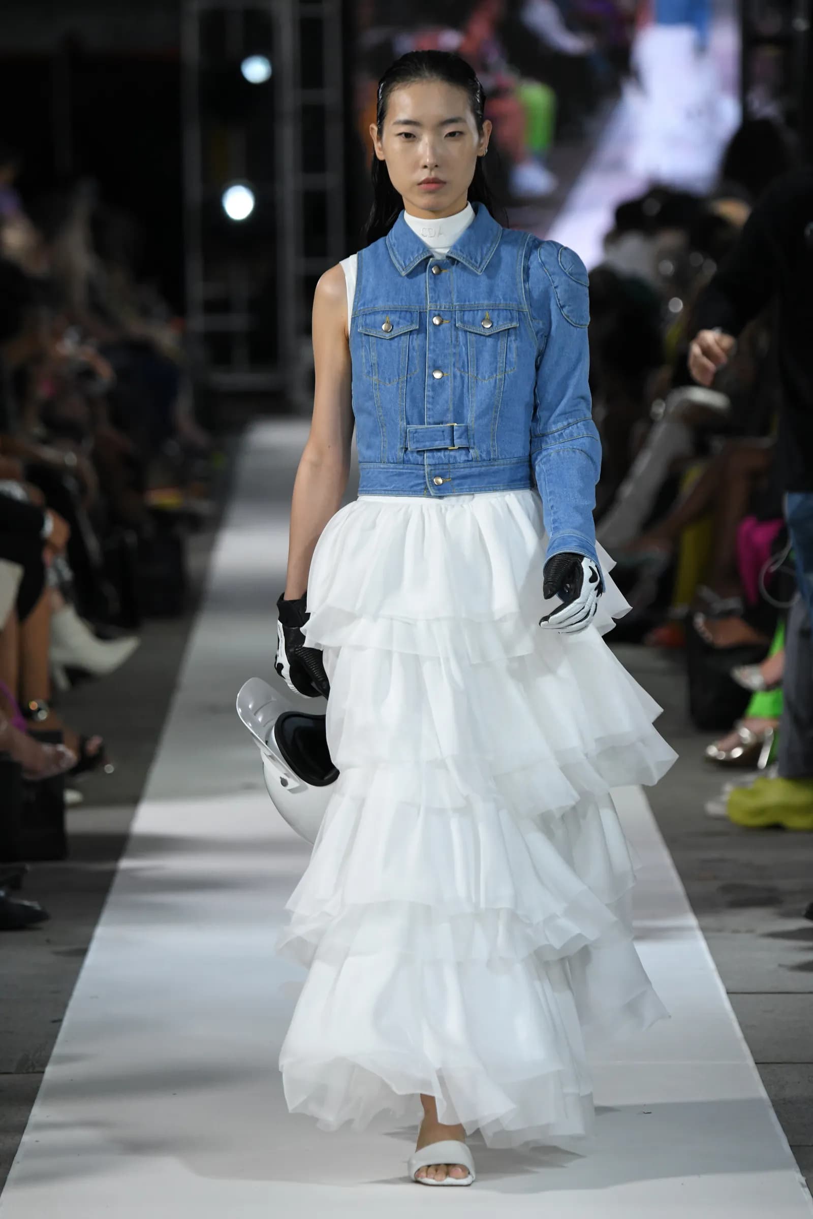 Denim jacket with white tulle skirt