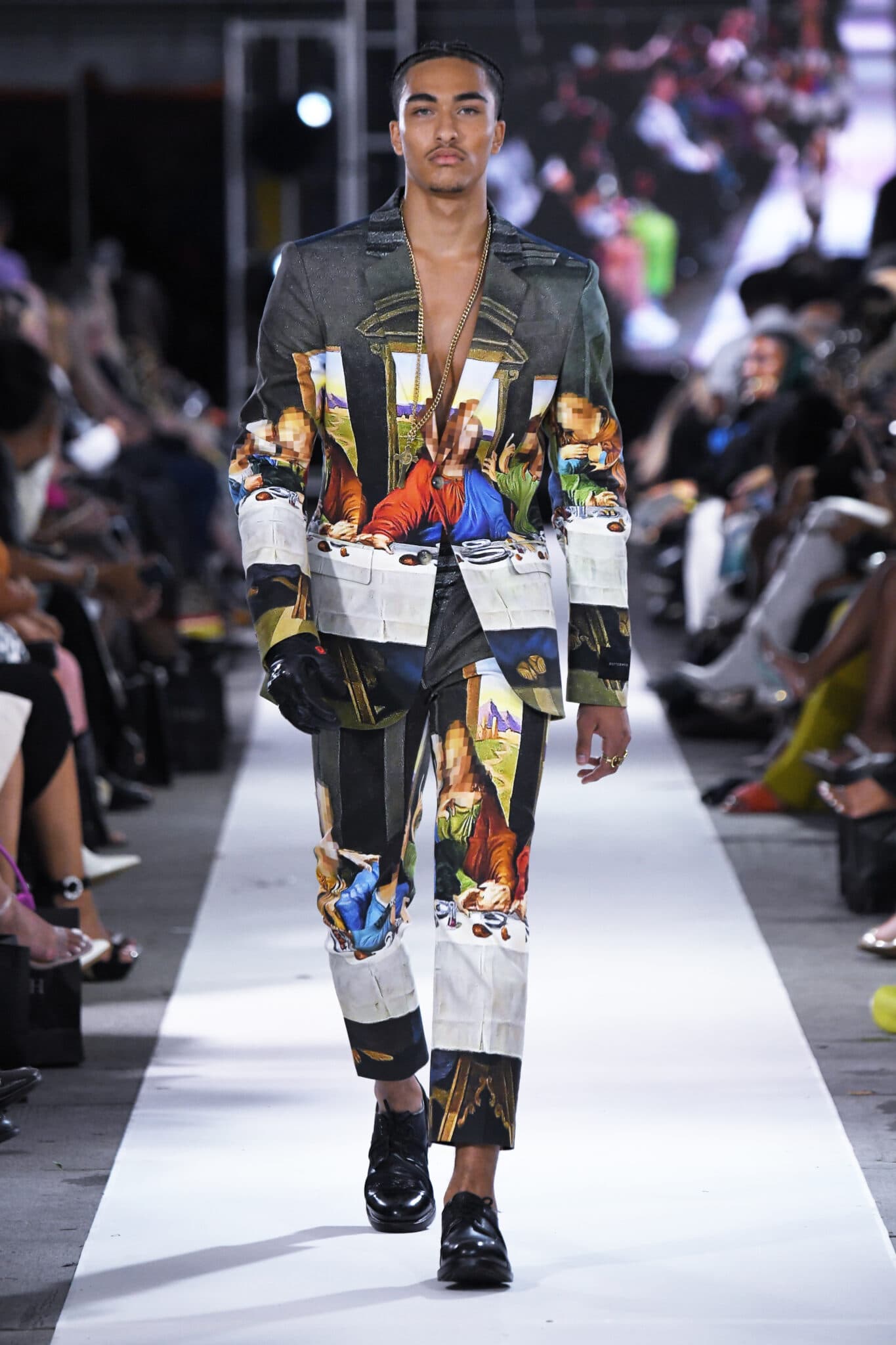 Digital print suit with Renaissance imagery